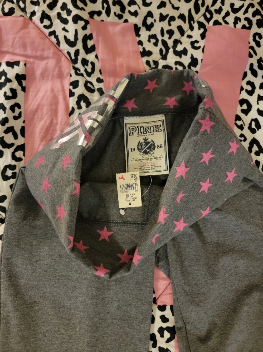 NWT Vintage Victoria's Secret PINK Gray Pink Star Foldover Flare Leggings XS
